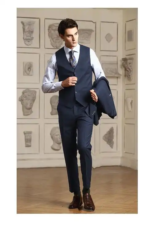 古黛茹(gudairu)品牌西装男套装藏蓝色条纹英式商务正装新郎结婚礼服