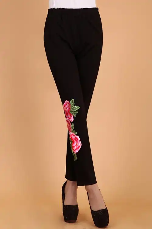民族风牡丹花刺绣长裤弹力修身显瘦不变形松紧腰打底裤小脚女裤