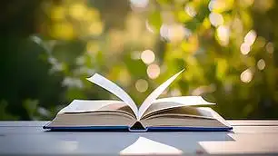 一本打开的书在家庭花园中的特写,背景是自然的波克高清摄影图