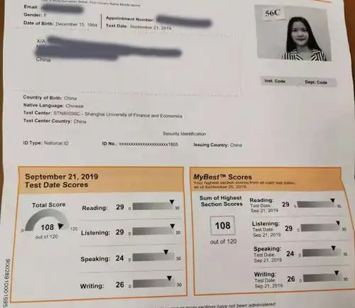 托福高分学员成绩单