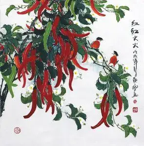 纯手绘四尺斗方客厅办公室写意花鸟辣椒红红火火名人字画国画书画