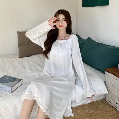 秋季睡衣女长袖网红质蝴蝶结大码时尚家居服舒适睡裙,女装睡衣,dj大码