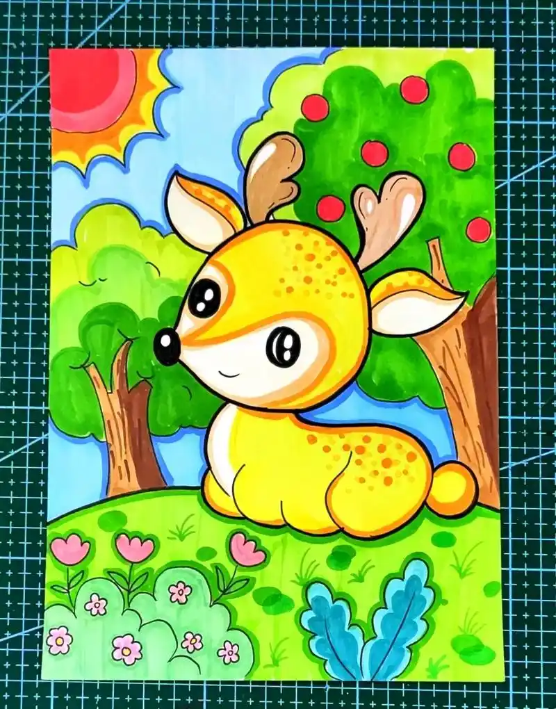 马克笔儿童画《萌萌小鹿》#简笔画 #绘画 #动物简笔画 #儿 - 抖音