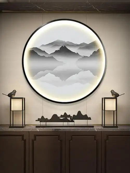 新中式入户玄关装饰画圆形禅意背景墙壁画山水墨画led带灯装饰画