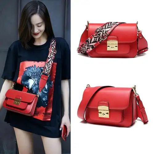 包包女2019新款时尚女包 ins火明星杨幂同款宽肩带牛皮单肩小方包