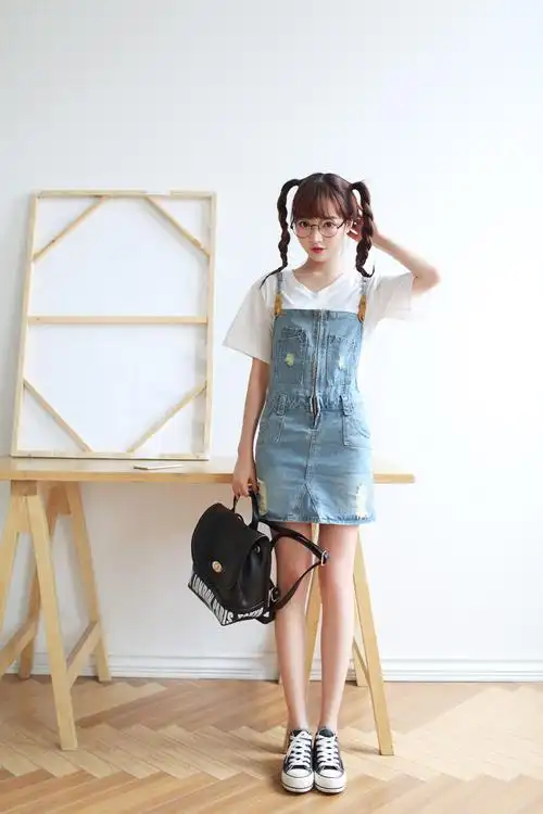 百宜娇2015韩版夏甜美学院学生风个性拉链破洞修身显瘦包臀背带牛仔裙