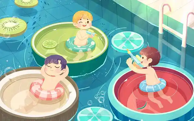 卡通手绘蓝色可爱小暑夏天创意泳池原创插画海报素材素材