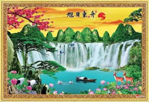 旭日东升瀑布风水墙画海报山水瀑布财源滚滚来流水生财图纸画贴画