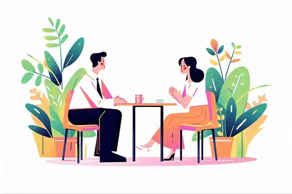 两个人面对面坐着聊天平面卡通ai元素