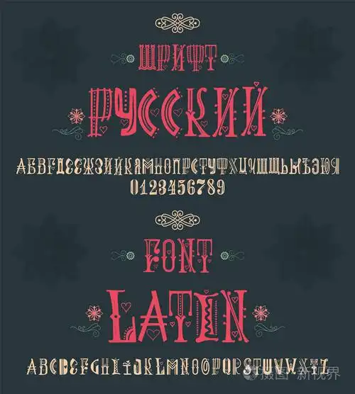 西里尔文和拉丁复古字体.俄语和英文字母数字