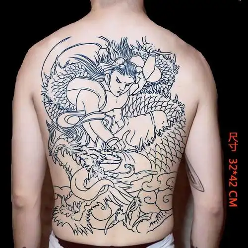 满背大图案线条哪吒挑龙筋刺青色纹身贴男女防水仿真持久贴纸青龙