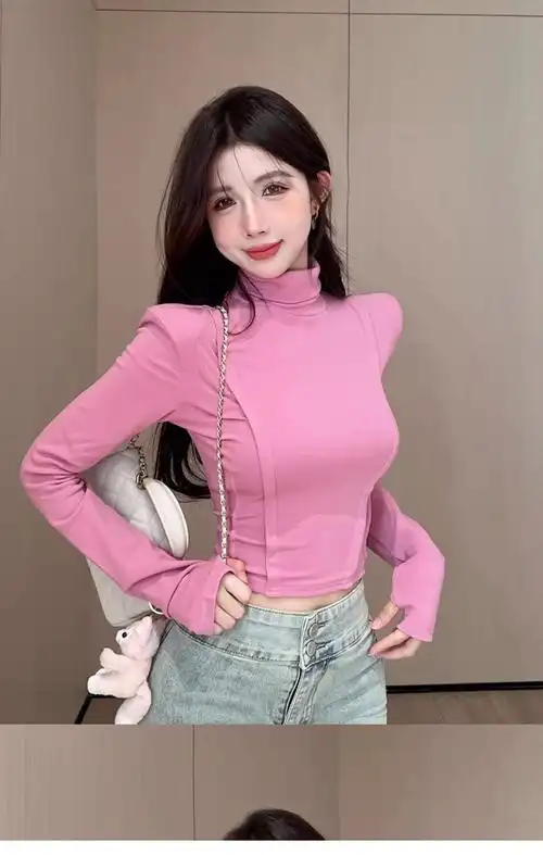 官图 高弹罗纹德绒 辣妹紧身显胸气质短款高领t恤打底衫女 - 17网