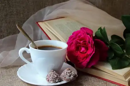 玫瑰,一杯咖啡和书照片