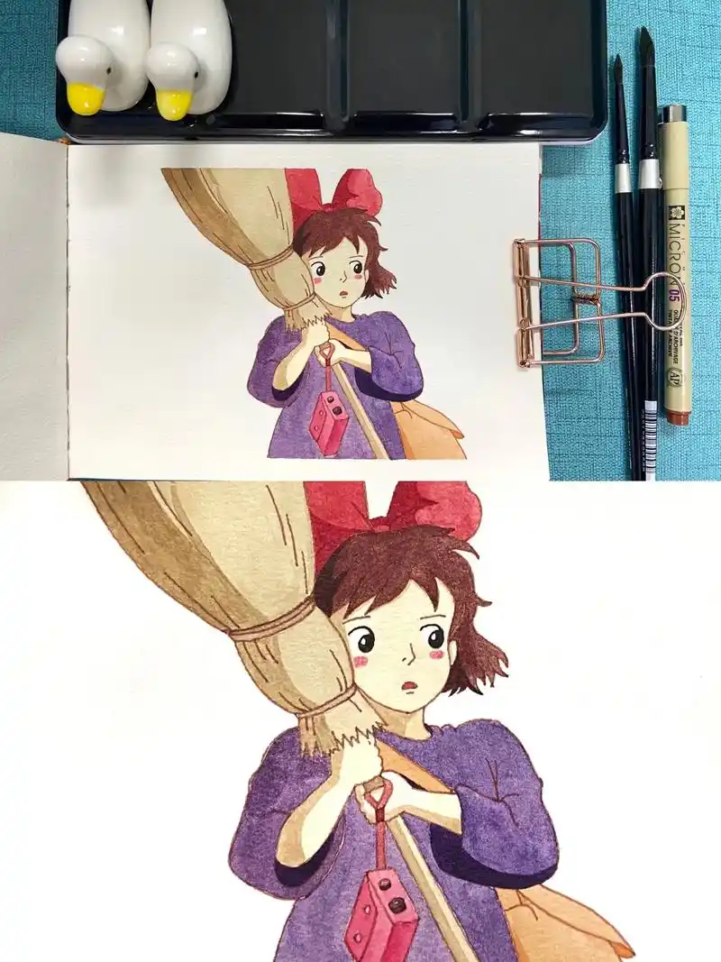 宫崎骏动漫水彩【魔女宅急便】附过程/线稿.#创作灵感  画一 - 抖音