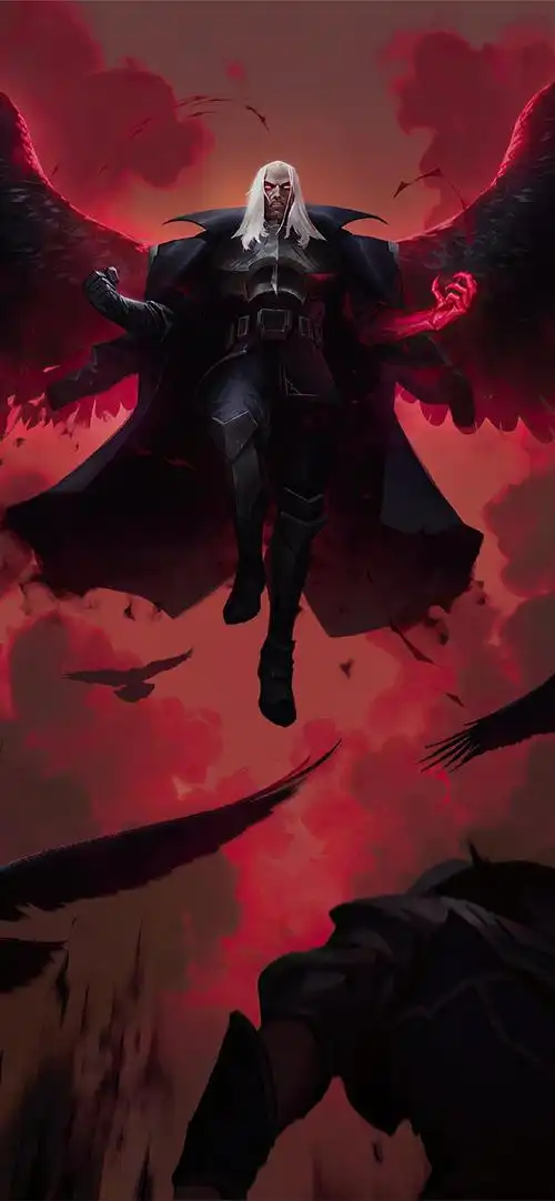 白发有大黑翅膀飞起的恶魔游戏人物插画