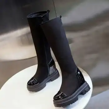黑色靴女2022秋季新款厚底显瘦内增高骑士靴小个子不过膝长靴花朵