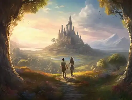 情侣牵手唯美浪漫情人节爱情童话写实手绘插画温馨氛围感场景海报人物