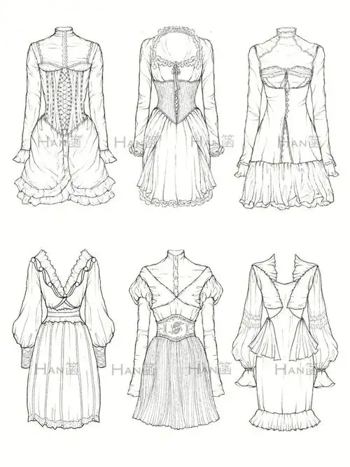 服装设计手绘复古裙子款式图线稿图手稿图