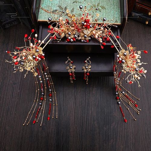 中式汉服新娘头饰套装流苏龙凤褂古风秀禾服发饰结婚红色古装凤冠