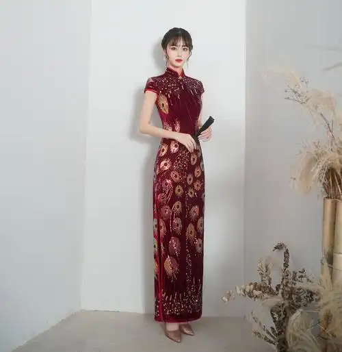 2021新款红色丝绒亮片立领旗袍 民国复古休闲长款收腰旗袍连衣裙