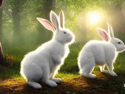 ai创作实验室#两只白色的兔子在森林里,阳光洒下来