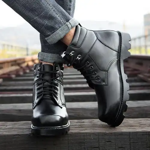 新款牛皮军靴男冬靴加厚羊毛靴保暖军勾马丁靴飞行靴高帮靴子