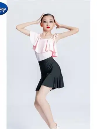 迪士尼disney网红拉丁舞服女童夏季露背新款练习服分体裙子白色荷叶边