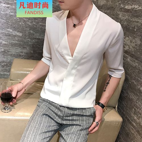 时尚男生5分袖袖韩版潮流学生深v领小清新男神衣服发型师衬衫男 白色