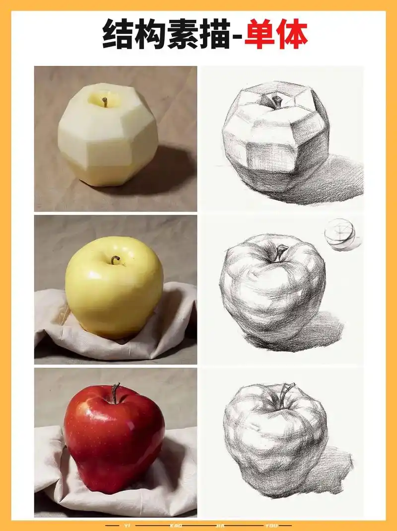 素描范画单体静物结构素描苹果 - 抖音
