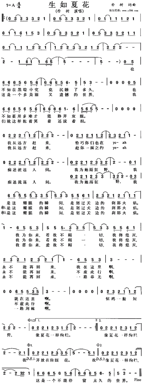 朴树生如夏花简谱,朴树生如夏花歌谱,朴树生如夏花歌词,曲谱,琴谱