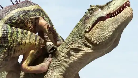 恐龙传奇,四只恐爪龙掠走小暴龙,霸王龙大战恐爪龙!