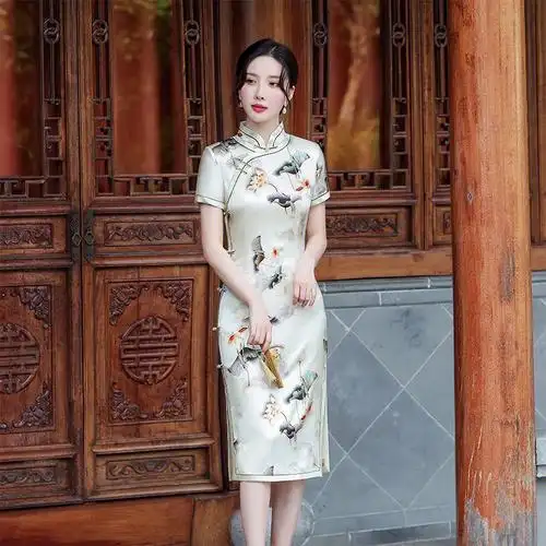 旗袍改良修身真丝桑蚕丝立领长款端庄大气优雅连衣裙旗袍裙女