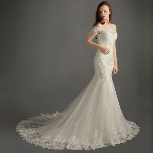 一折一字肩中袖鱼尾婚纱