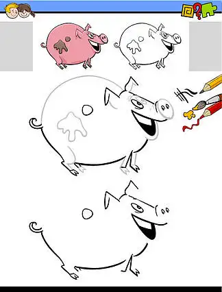 挤奶猪农场动物性格儿童绘画和着色教育活动的卡通插图