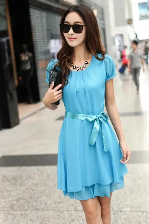 2014夏季新款 时尚短袖雪纺连衣裙 批发