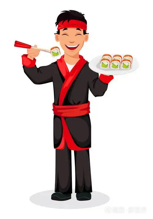 英俊的卡通人物拿着寿司卷的盘子.矢量插图