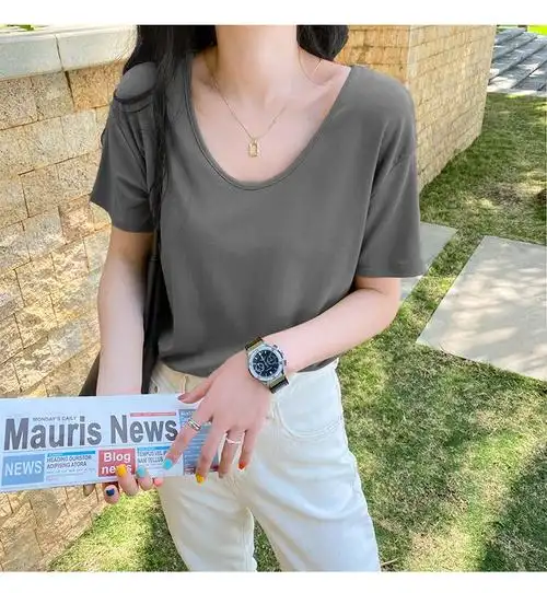 静鹿2件装凉感莫代尔t恤女夏装短袖2023年新款宽松纯色上衣薄款黑白xl