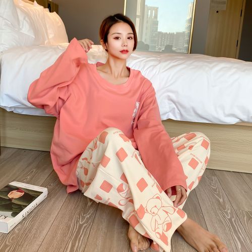 胖mm大码睡衣女春秋纯棉圆领长袖宽松加肥加大家居服套装200斤秋