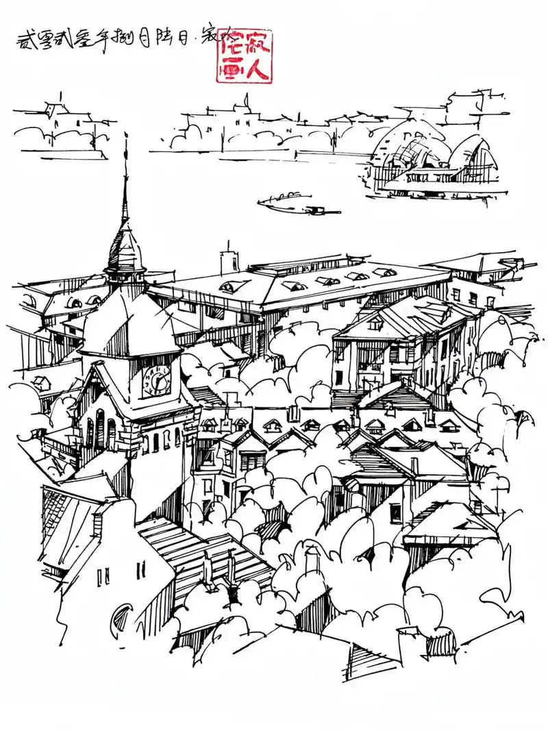 【现代建筑-青岛信号山g一角|36th】#建筑手绘 #钢笔画 - 抖音