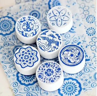 复古文艺中国风青花瓷花纹印章清新原木质橡皮章怀旧古风