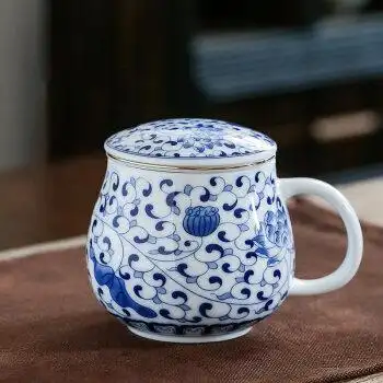 青花陶瓷过滤茶杯办公杯带盖马克杯礼品定制个人杯水杯茶杯子青花苹果