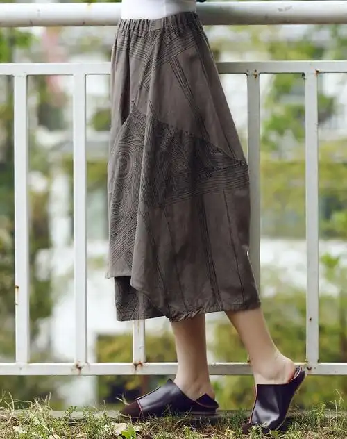 咖啡色亚麻舒适松紧腰下身裙