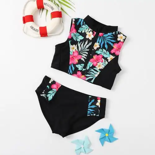 2024欧美外贸儿童泳衣拉链小童比基尼分体小中大童女孩泳装亚马逊