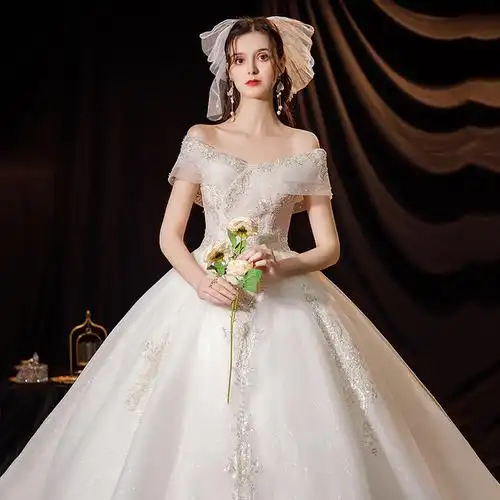 法式主婚纱2021新款新娘孕妇一字肩拖尾小个子遮粗手臂奢华重工轻
