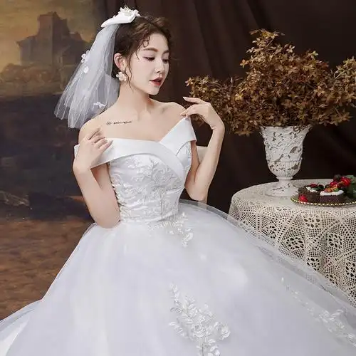 婚纱新娘2021新款拖尾一字肩大码结婚修身显瘦仙女白纱法式森系超