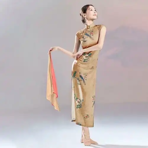 古典舞蹈服国风舞蹈弹力旗袍中国舞身韵练功服演出服无袖印花