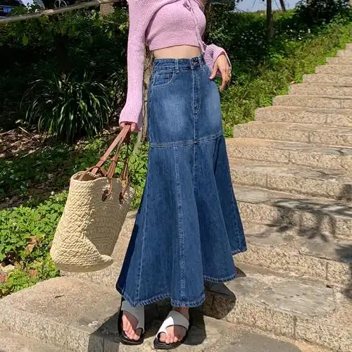 价2022年春夏新款复古牛仔长裙女a字显瘦鱼尾半身裙_灿烂牛仔canl8879