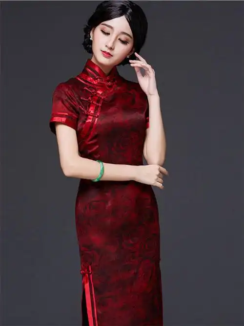 女士新款春秋季修身旗袍裙红色真丝旗袍女中长款复古改良旗袍短袖