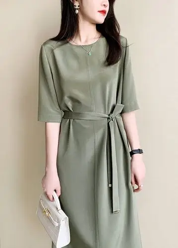 纯色雪纺连衣裙女装2021夏季新款圆领中袖时尚简约系带裙子