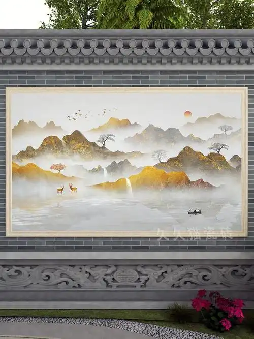 新中式抽象水墨山水壁画瓷砖影壁墙